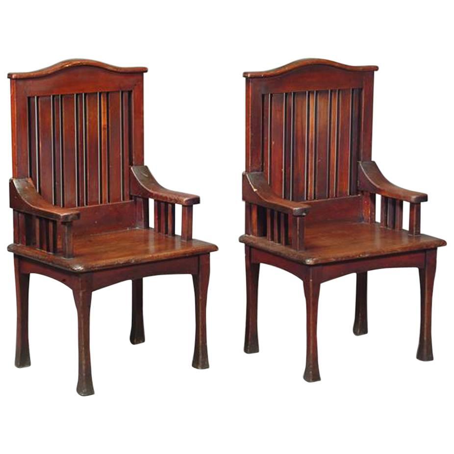 Unusual Pair of Stained Cypress Wood Armchairs by the Glasgow School For Sale