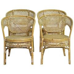 Set of Four French Art Deco Bamboo Armchairs with Caning