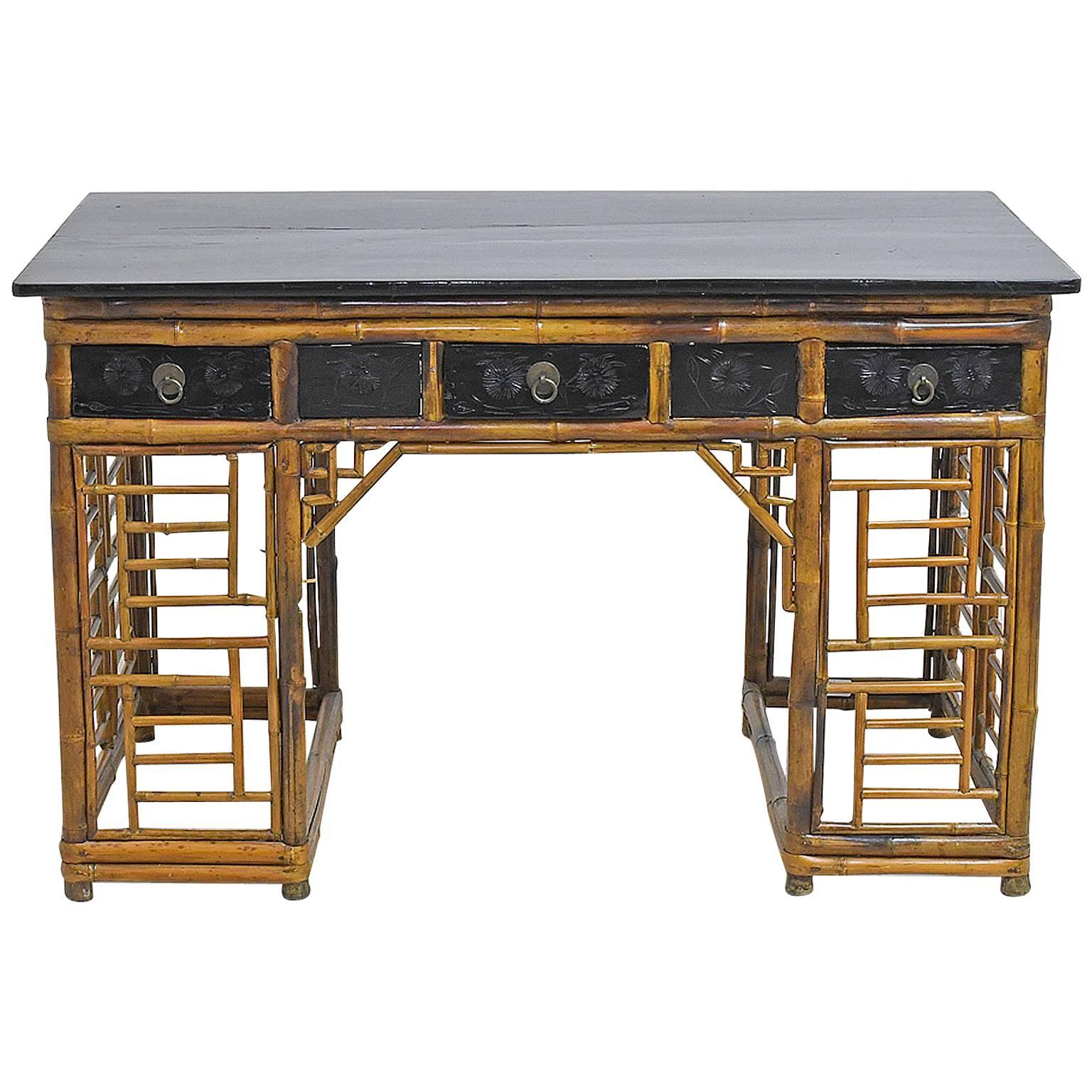 Bamboo Chinese Pedestal Desk with Ebonized Top & Drawers, circa 1930