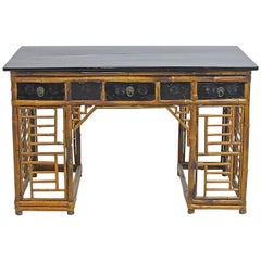 Bamboo Chinese Pedestal Desk with Ebonized Top & Drawers, circa 1930