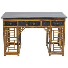 Bamboo Chinese Pedestal Desk with Ebonized Top & Drawers, circa 1930 11