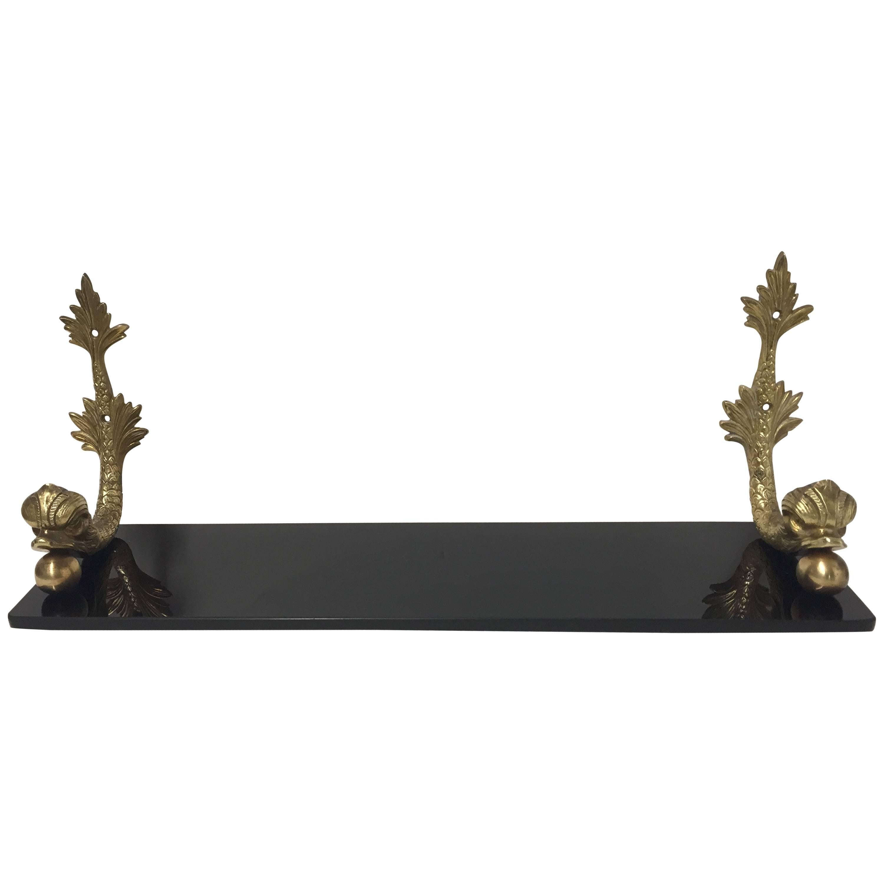 Neoclassical Brass and Black Glass Dolphin Motiffe Hanging Shelf