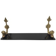 Neoclassical Brass and Black Glass Dolphin Motiffe Hanging Shelf