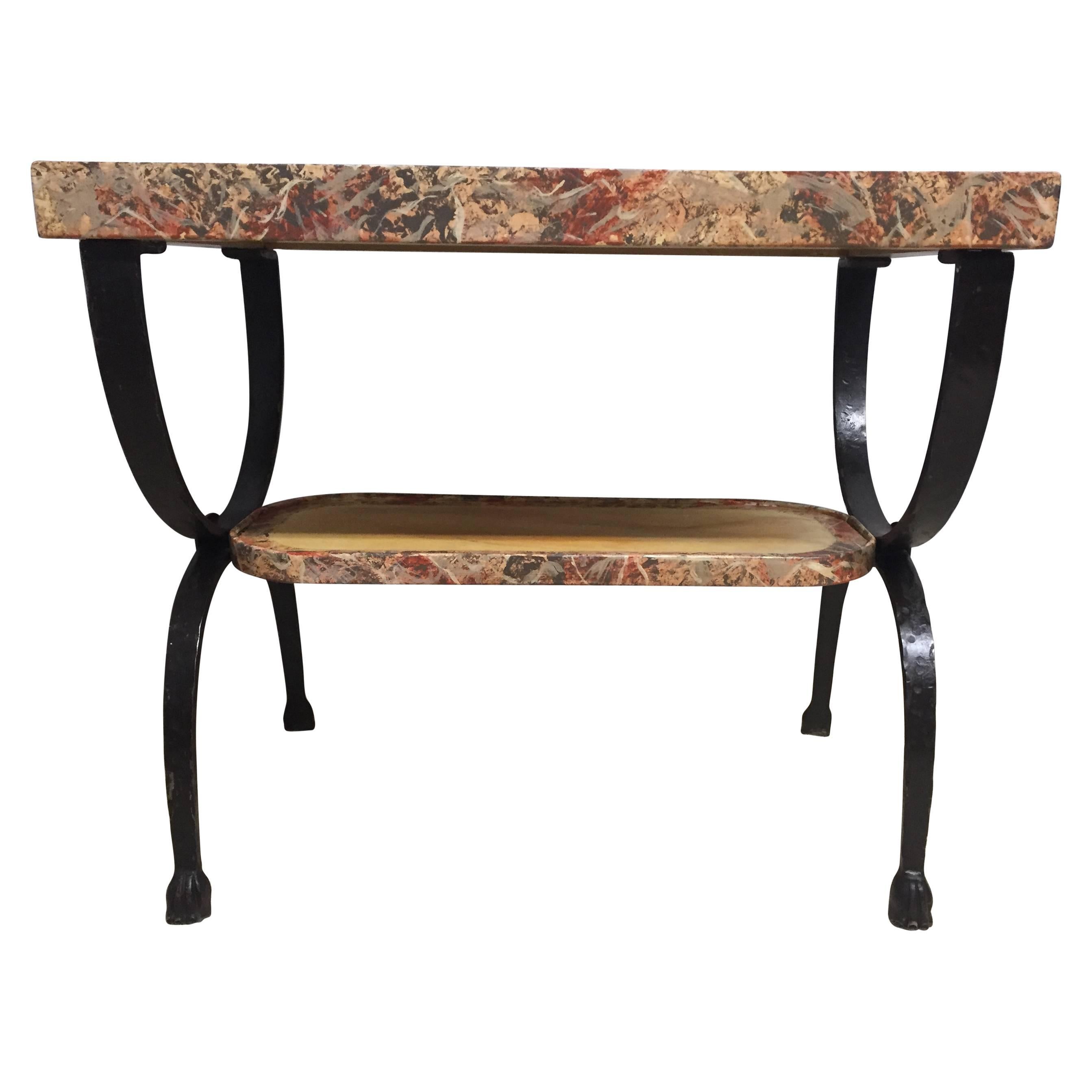 Two-Tier Faux Marbleized Wood and Hand-Forged Wrought Iron Side Table