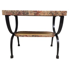 Two-Tier Faux Marbleized Wood and Hand-Forged Wrought Iron Side Table