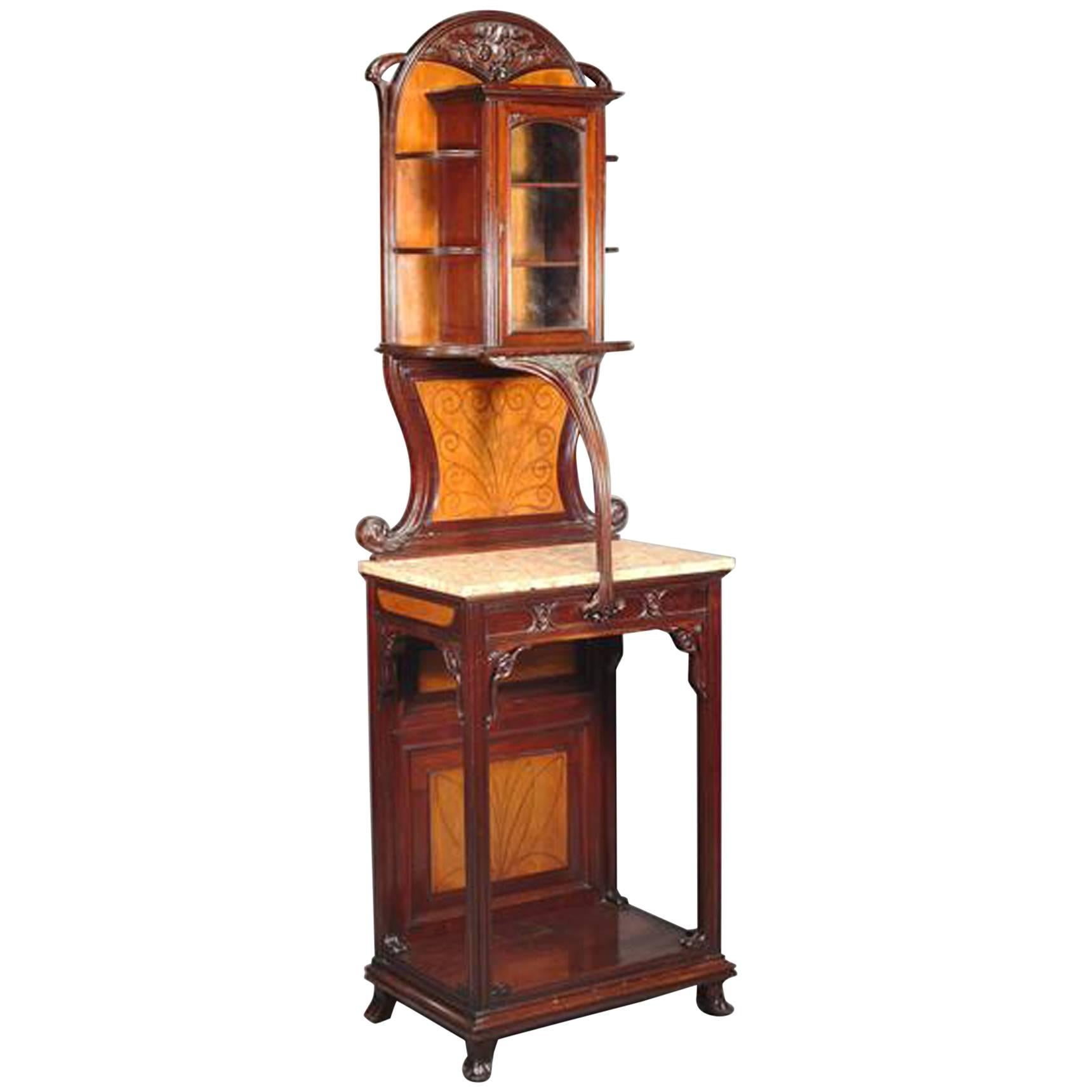 Art Nouveau Carved Walnut  inlaid & glazed Salon Cabinet by Louis Majorelle For Sale