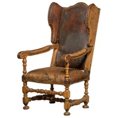 English Leather Upholstered Wingback Chair in Walnut