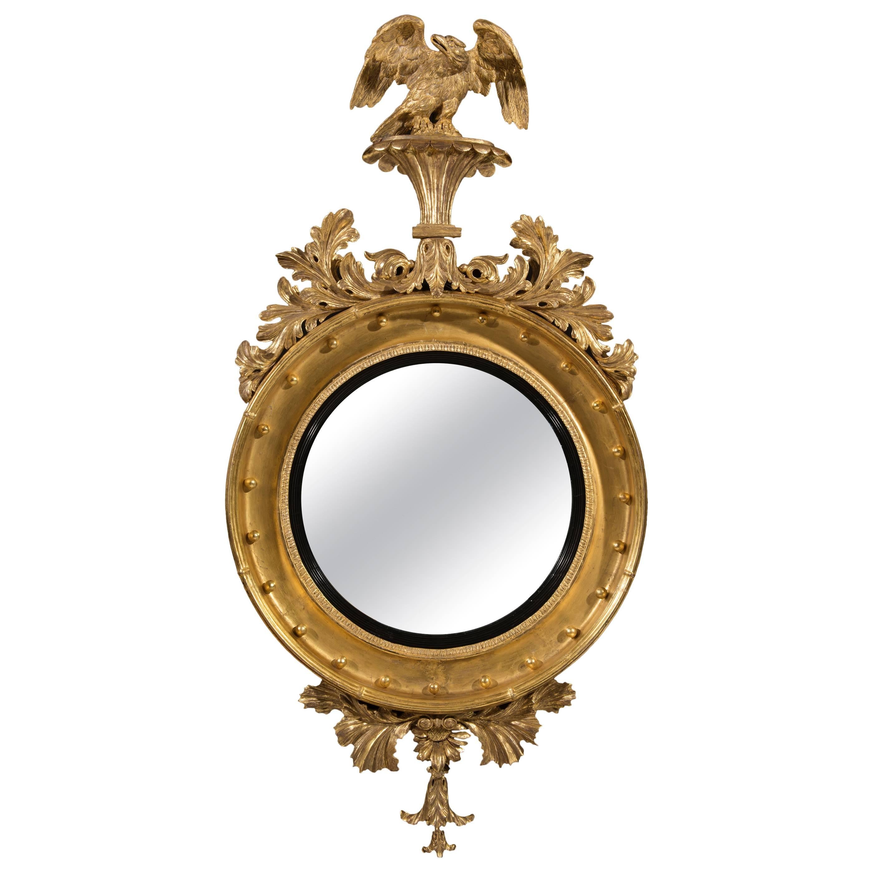 Regency Carved Giltwood and Gesso Convex Mirror of Grand Proportions For Sale