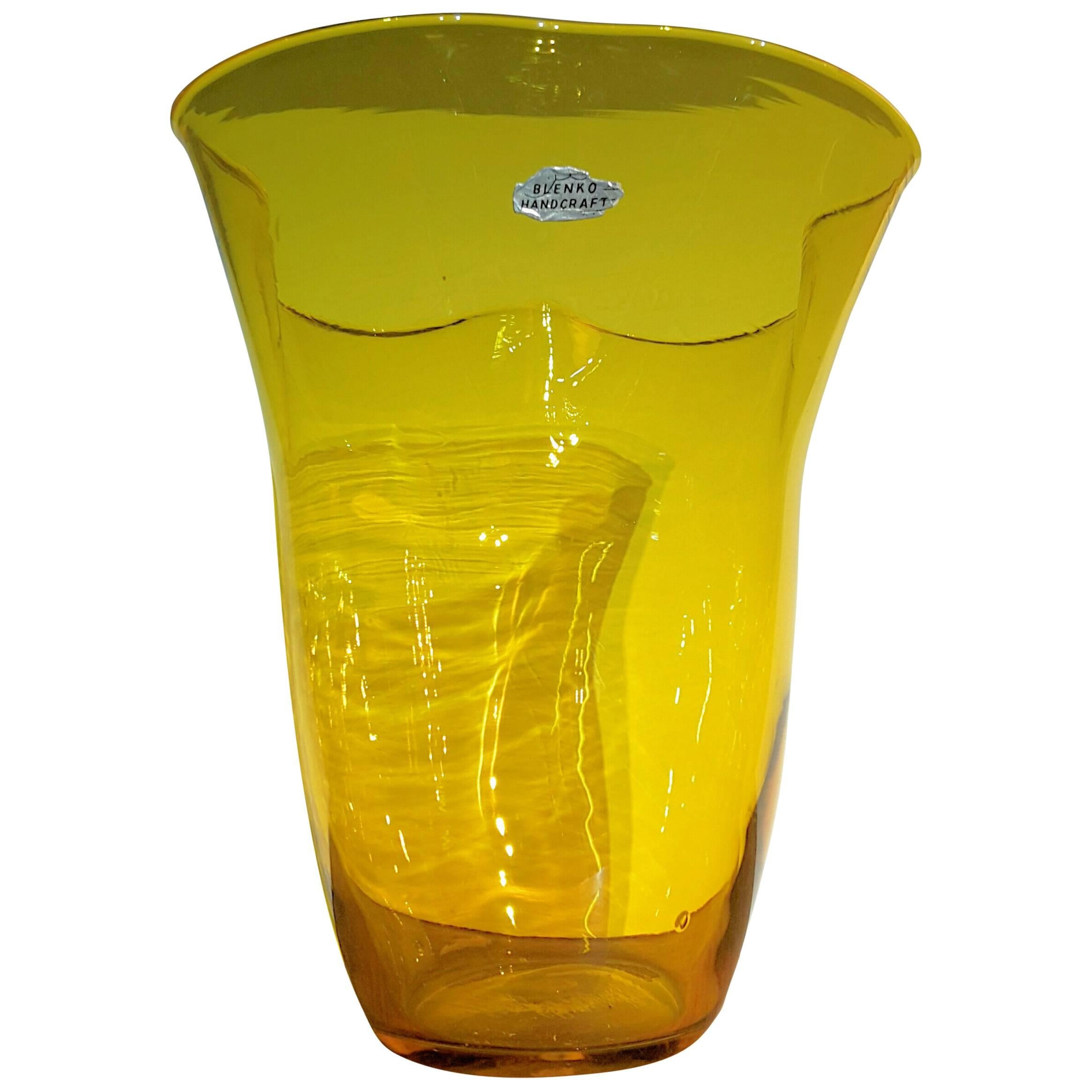 Large Blenko Amber Yellow Ruffle Top Vase, circa 1960