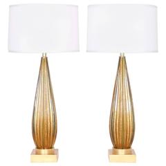 Pair of MCM Murano Glass Lamps with Gold Flakes