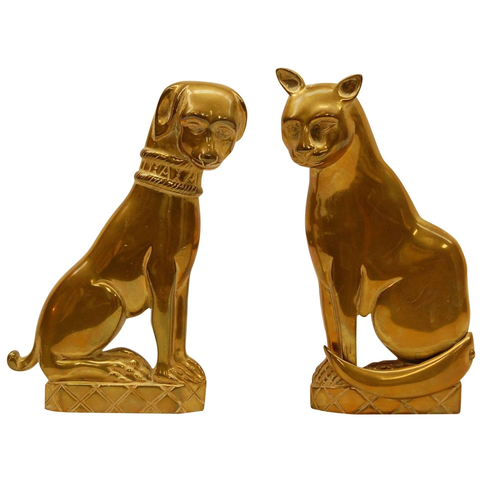 Pair of Solid Brass 19th Century Andirons in Cat and Dog Figures