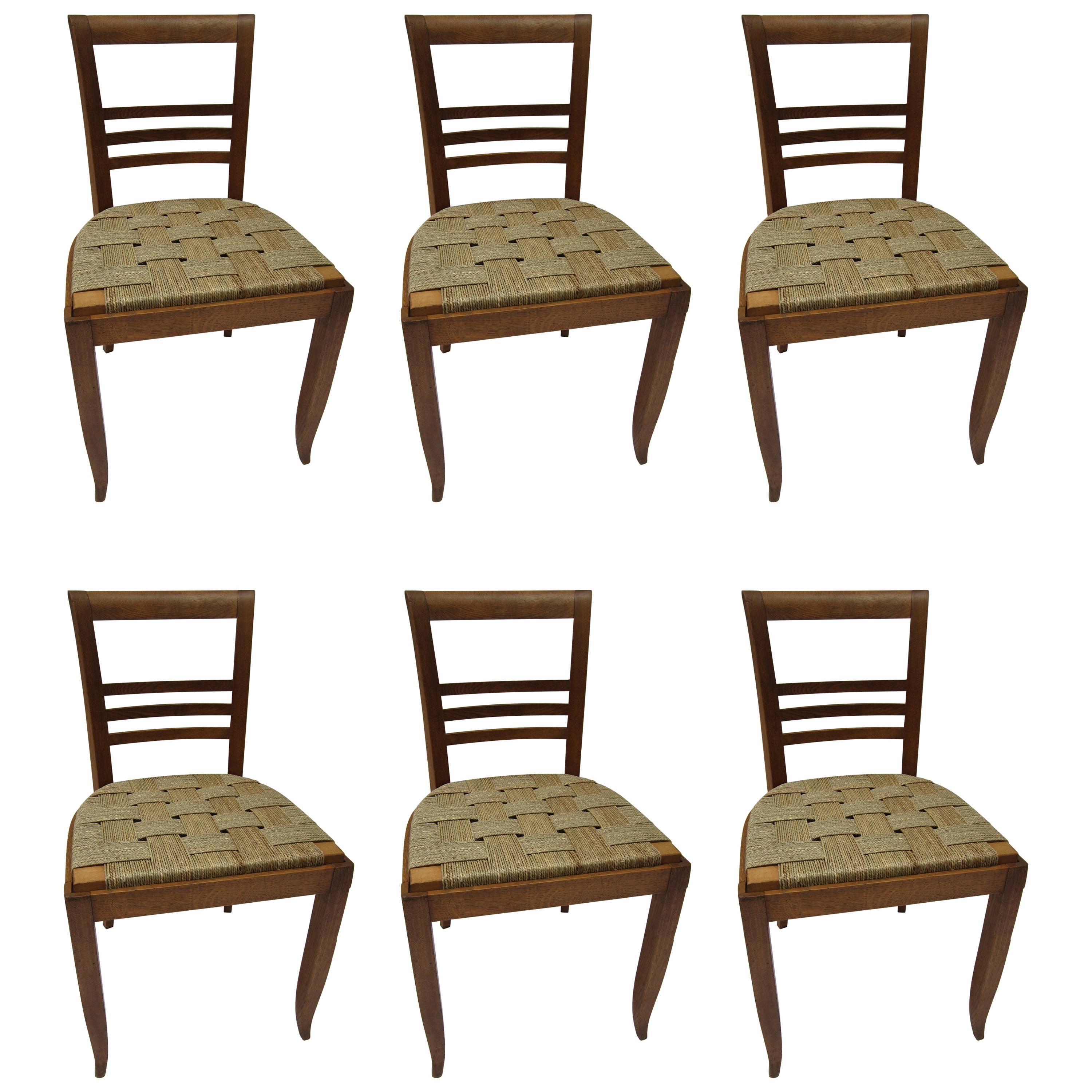 Set of Six French Oak Chairs with Seagrass Seats