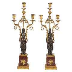 19th Centruy Pair of Russian Red Marble, Bronze and Gilded Candlesticks