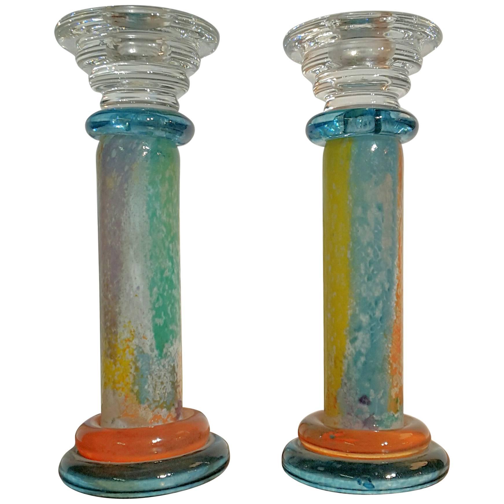 Pair of Kosta Boda Multicolored Candlestick Holders Designed by Kjell Engman