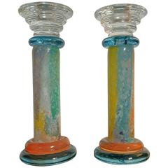 Pair of Kosta Boda Multicolored Candlestick Holders Designed by Kjell Engman