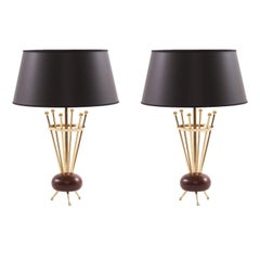 Stiffel Midcentury Sputnik Table Lamps in Brass & Walnut