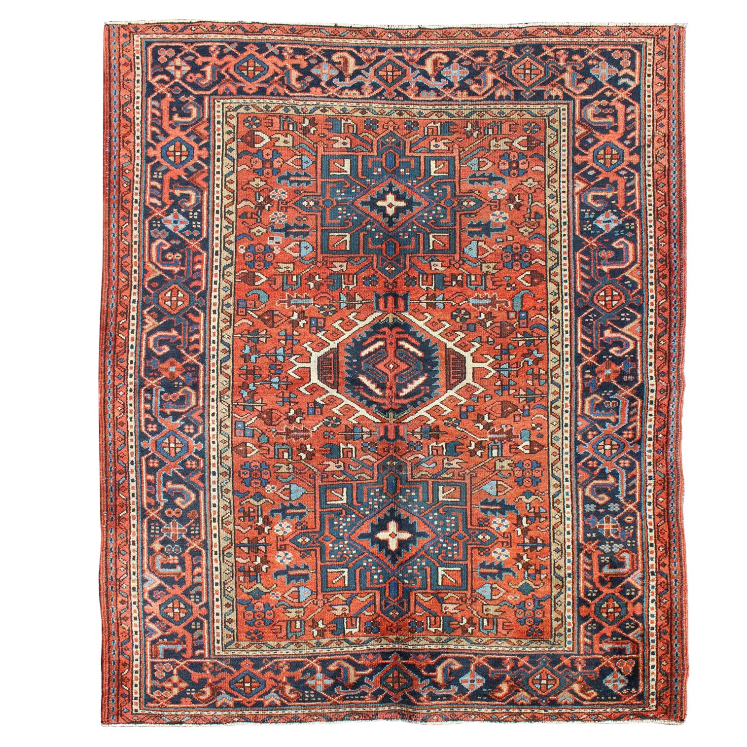 Antique Persian Karajeh Rug with Three Geometric Medallions in Rust & Blue