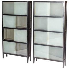 Antique Ebonized Bookcase with Sliding Glass Panels, France 1930