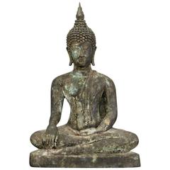 Old Tall Hand Cast Bronze Seated Joyful Faced Buddha Free Shipping