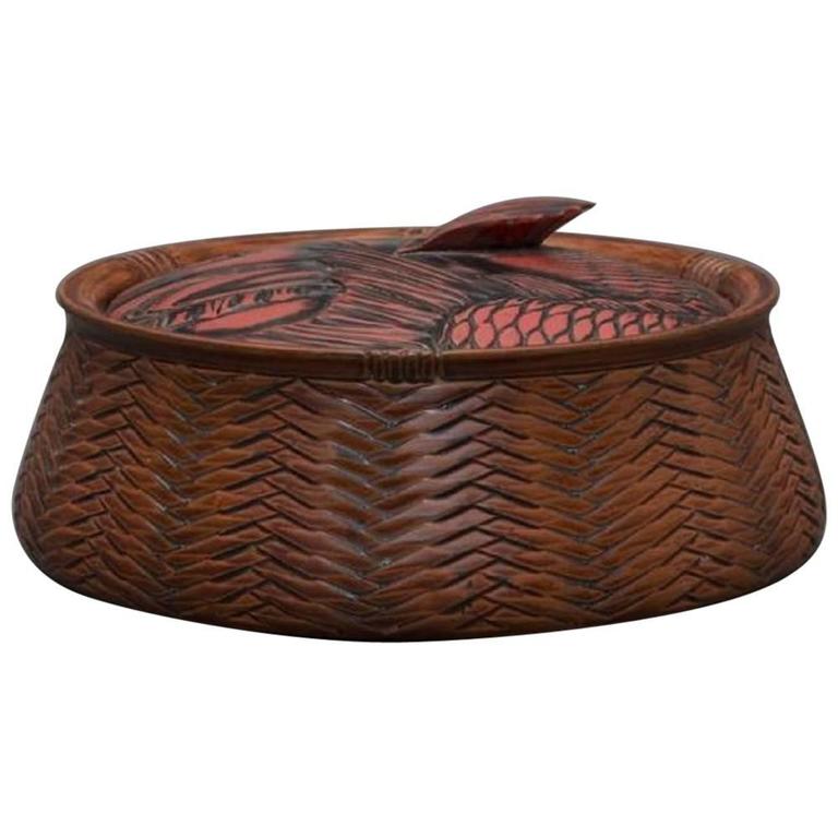Japanese Antique Finely Woven Red Lacquered Bamboo"Fish Form" Basket