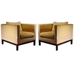 Edward Wormley Dunbar Style Yellow Upholstered Cube Club Chairs