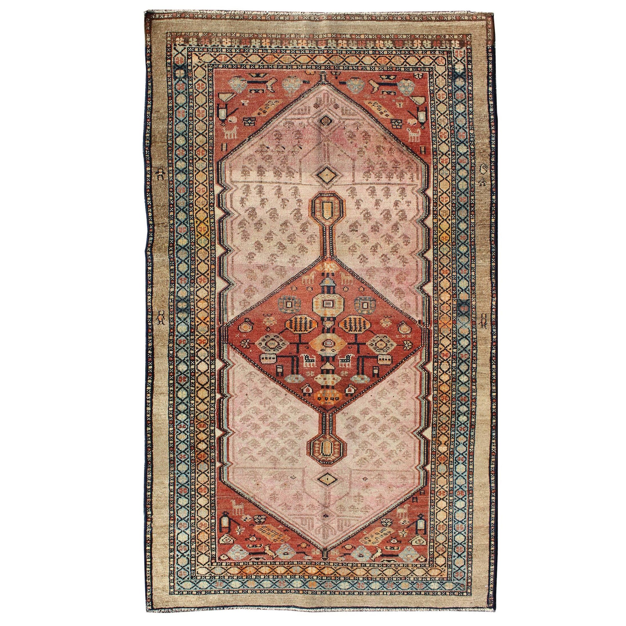 Antique Persian Serab Rug with Geometric Medallion Design in Tan and Pink For Sale