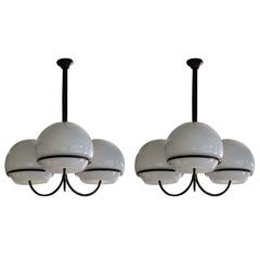 Pair of Sergio Asti for Arteluce Chandeliers with White Glass Spheres