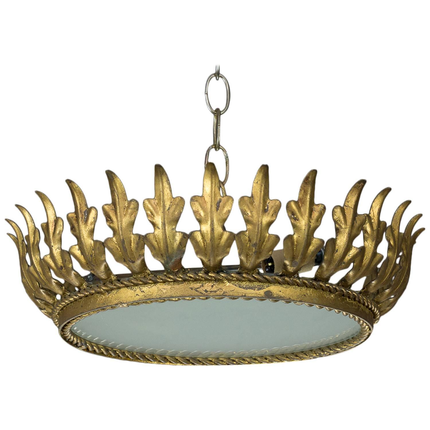 Mid-Century Spanish Sunburst  Gilt Crown Ceiling Fixture