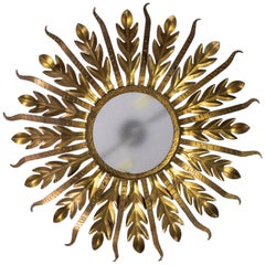 Spanish Gilt Metal Sunburst  Ceiling Fixture with Frosted Glass