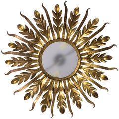 Spanish Gilt Metal Sunburst Ceiling Fixture with Frosted Glass