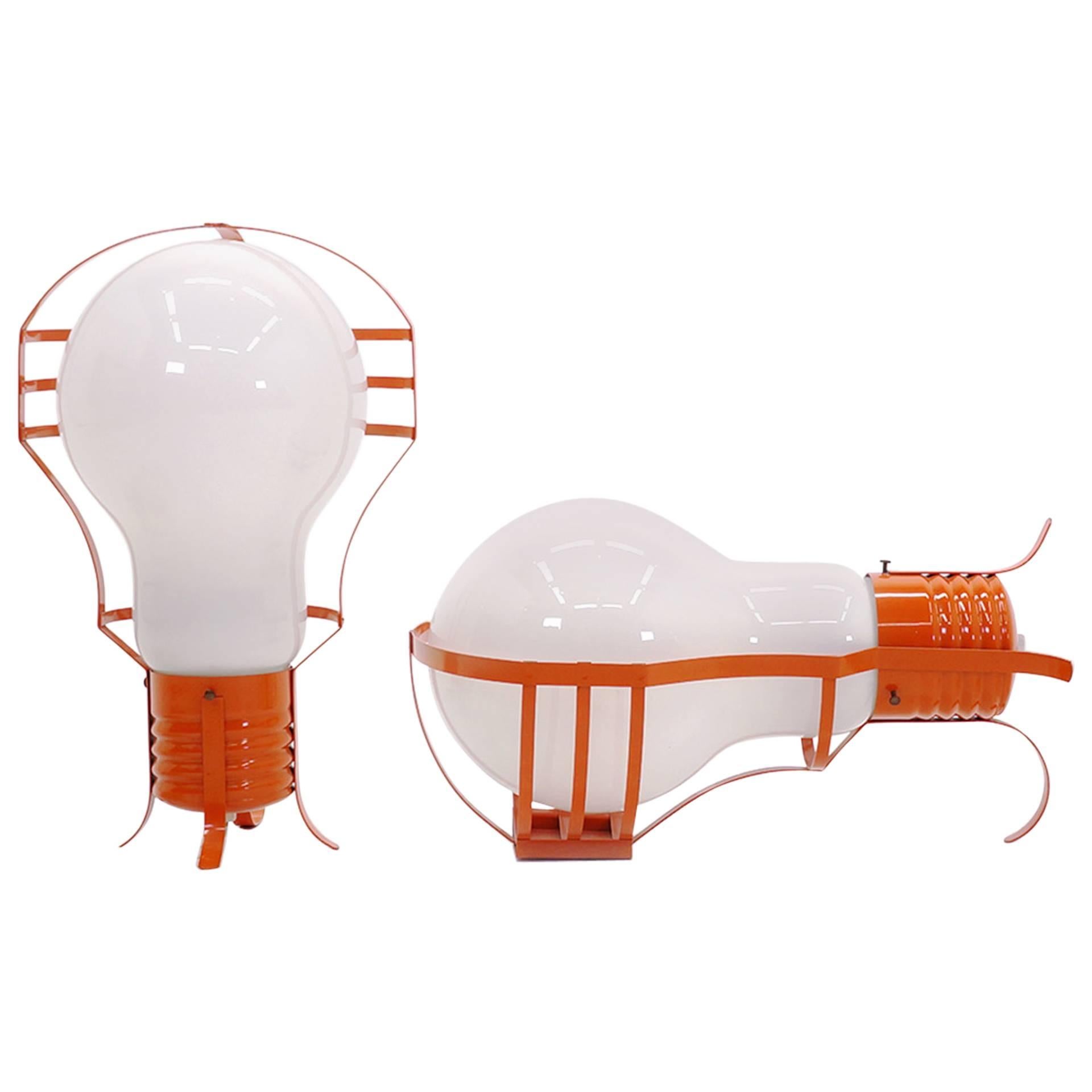 Pair of Oversized Pop Art Mod Light Bulb Table or Hanging Lamps, Orange Frames For Sale
