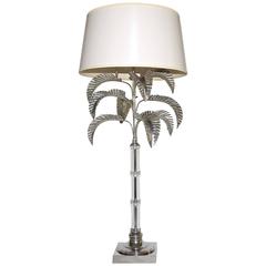 Tall Nickel-Plated Glass Palm Leaf Table Lamp
