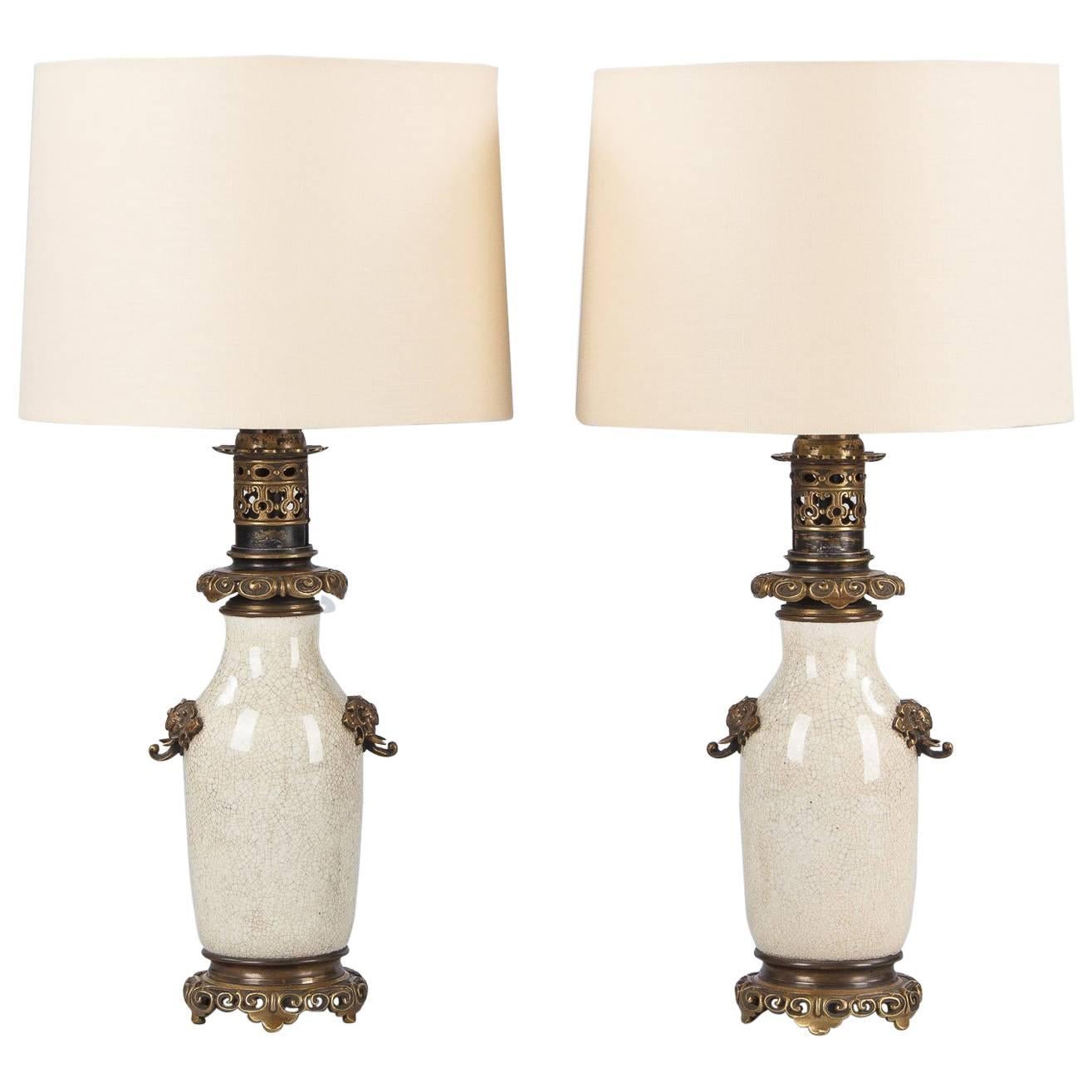 Pair of French Crackle Glaze Ceramic Lamps, Late 1800s