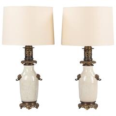 Antique Pair of French Crackle Glaze Ceramic Lamps, Late 1800s