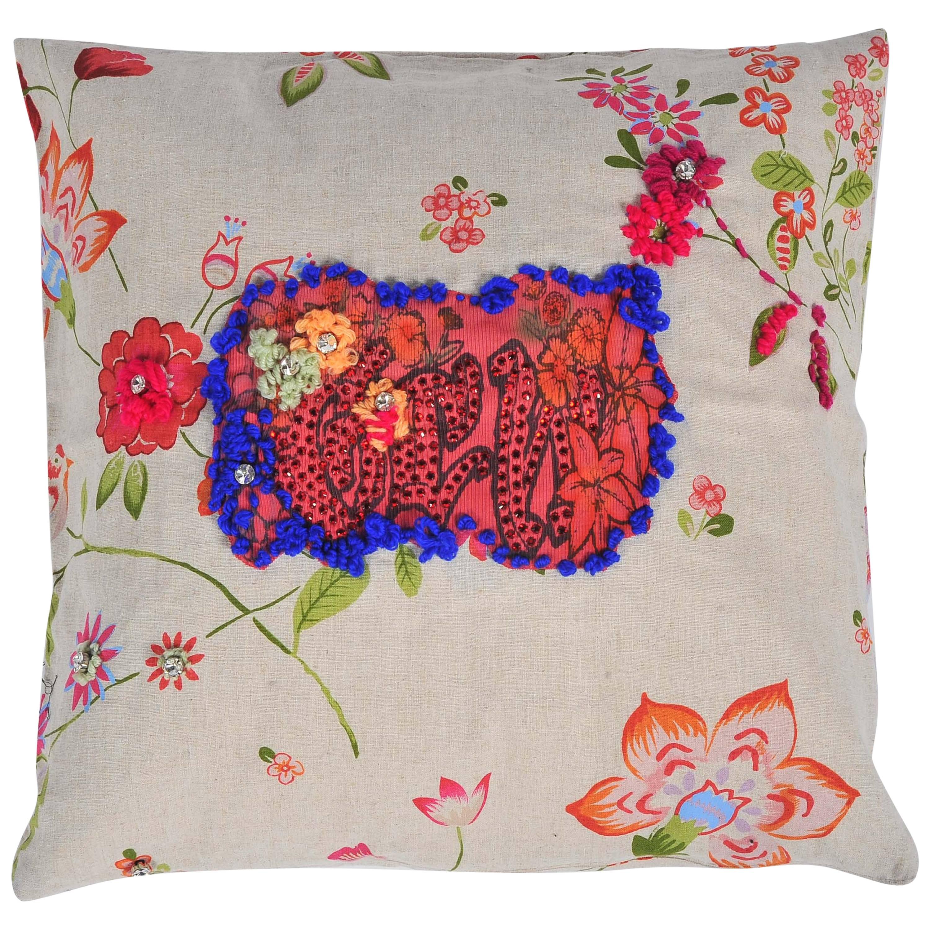 Unique Handmade Bohemian Colourful Floral Patterned Small Cushion For Sale