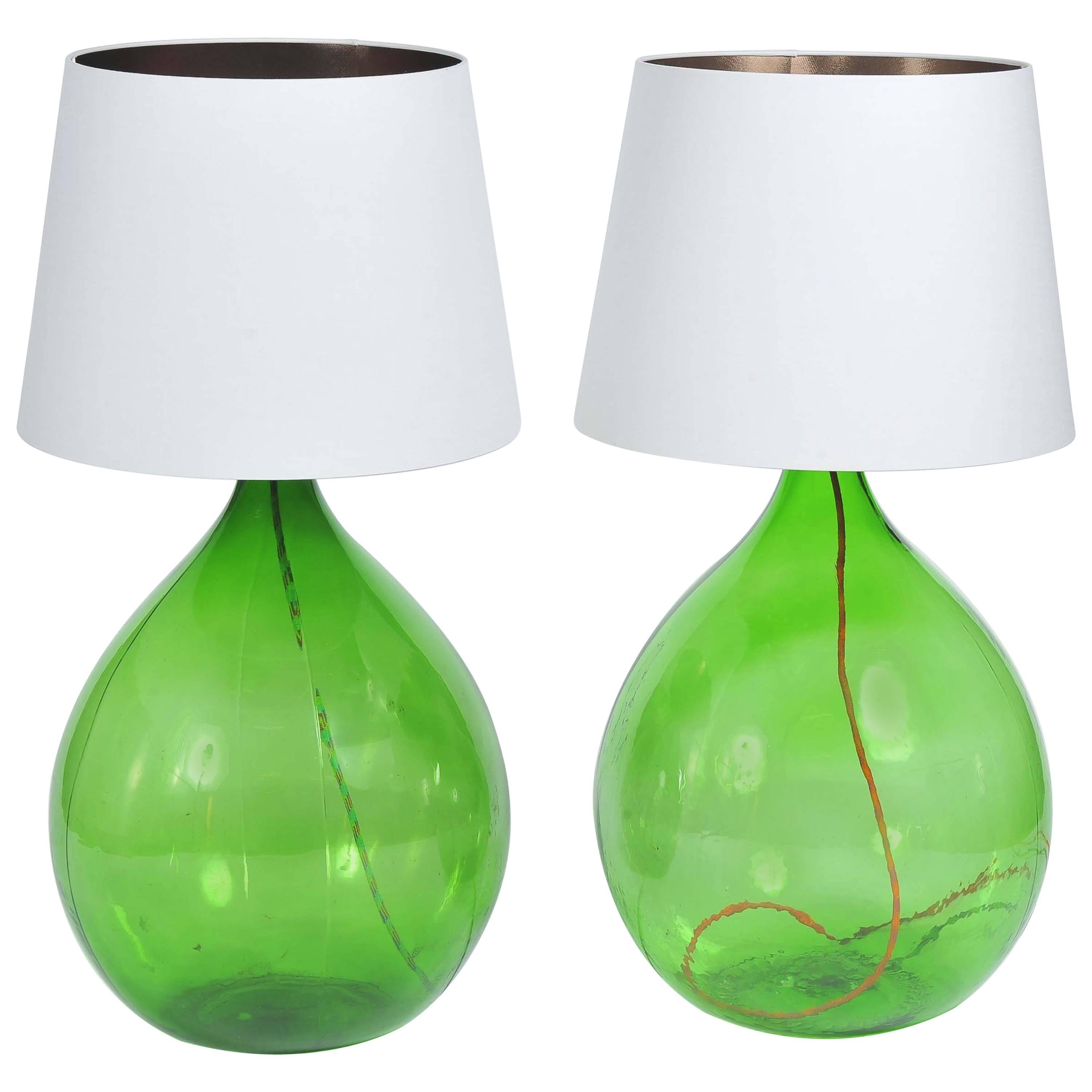 Pair of Vintage Handmade Green Demijohn Glass Bottles Table/Floor Lamps