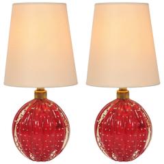 Pair of 1950s Red Murano Ball Lamps