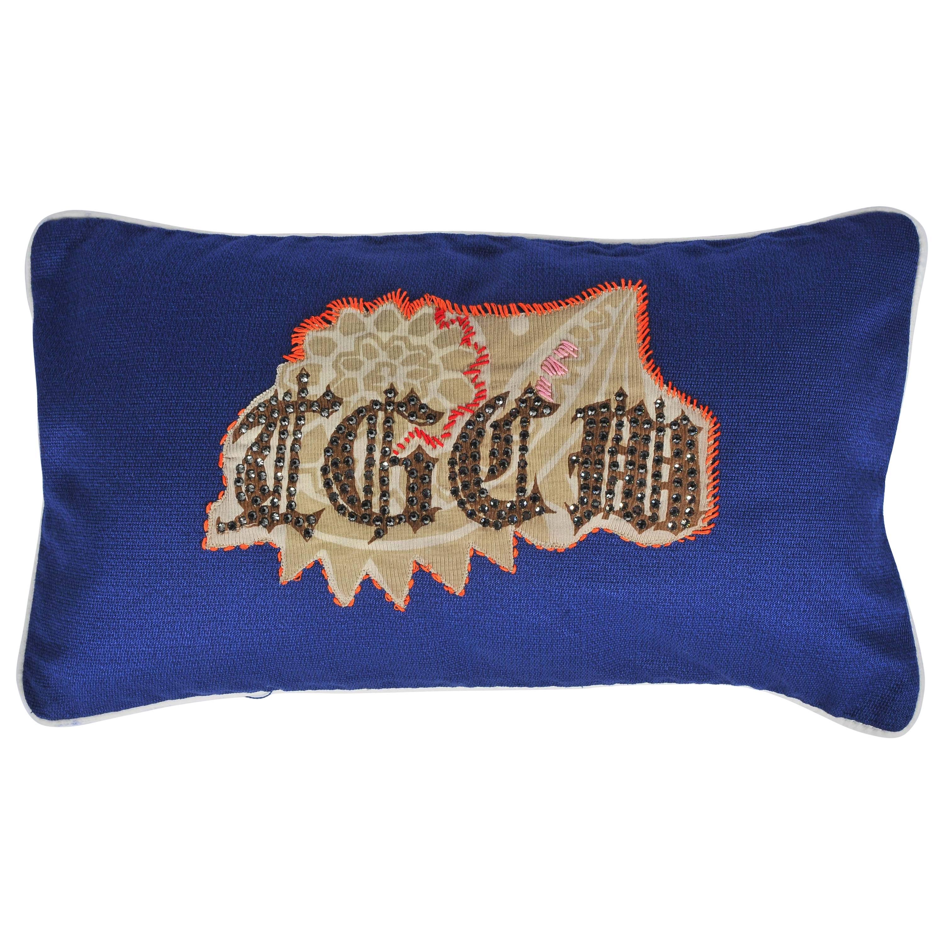 Unique Hndmade Rock and Roll Style Navy Blue Small Cushion For Sale