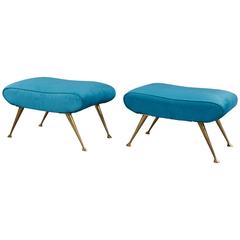 Pair of Turquoise Blue Velvet Stools with Brass Legs by ISA