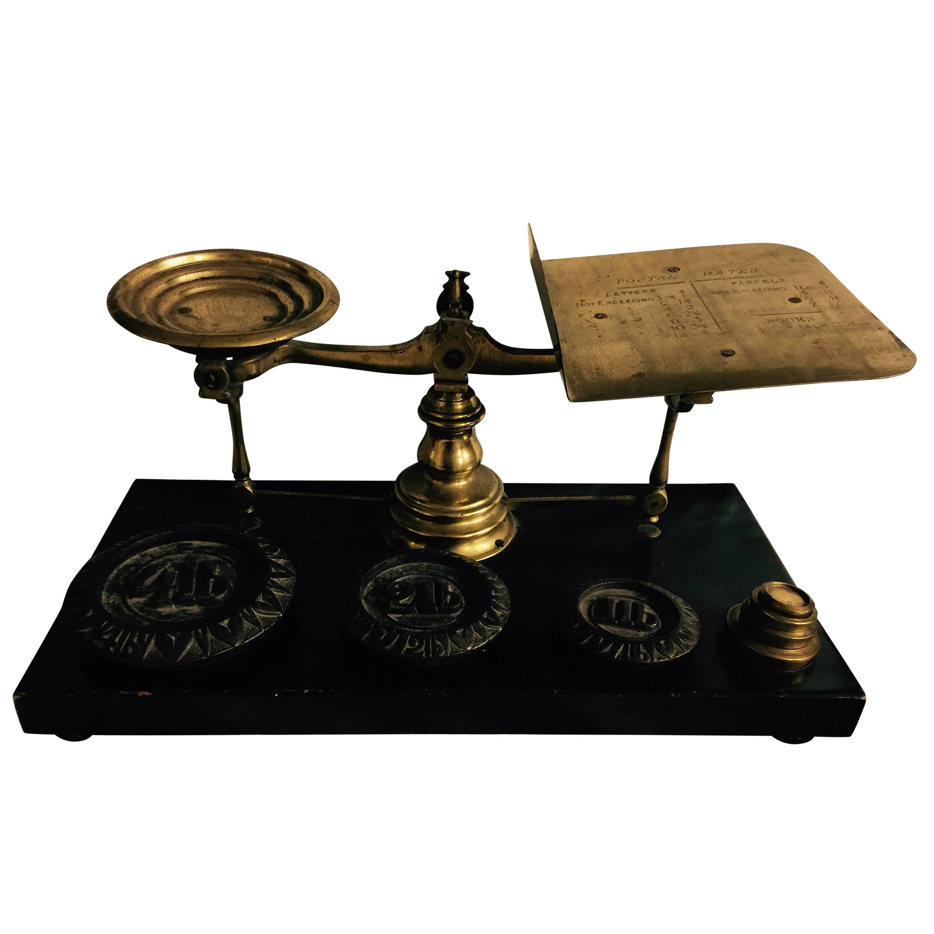 Postal Scale with Weights 19th Century English Brass For Sale