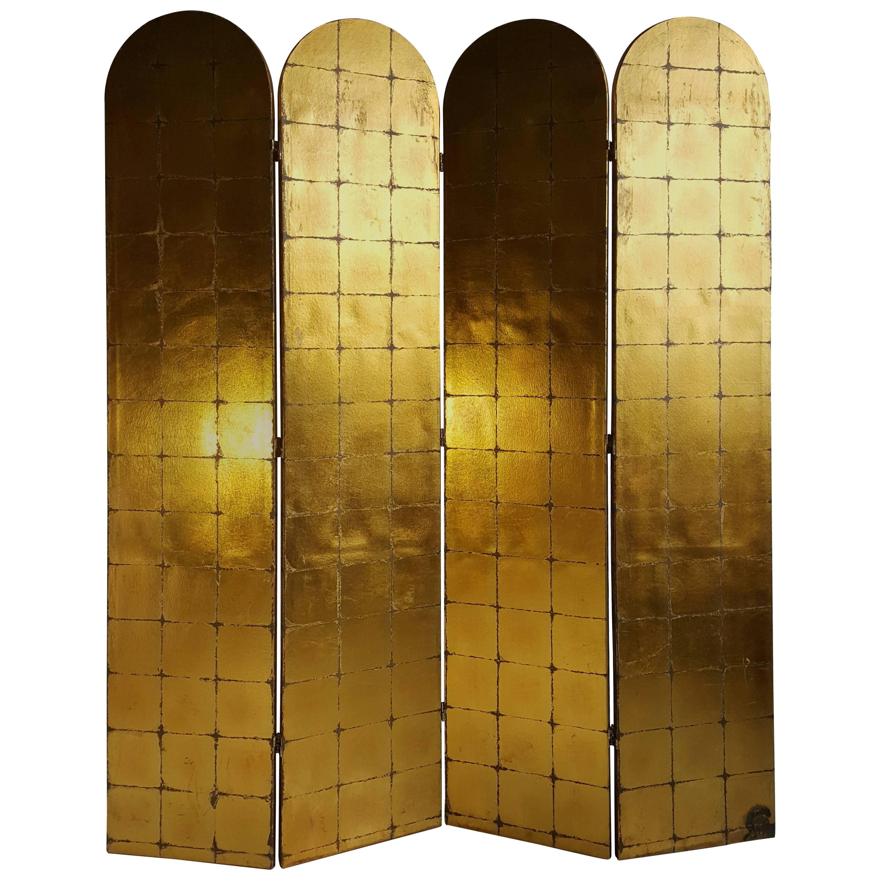 Highly Decorated Four-Panel Folding Screen /Divider, Gold Leaf, Made in Italy