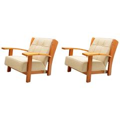Mid century Pair of Italian Solid Larch Reclining Armchairs, Florence, 1940s 10