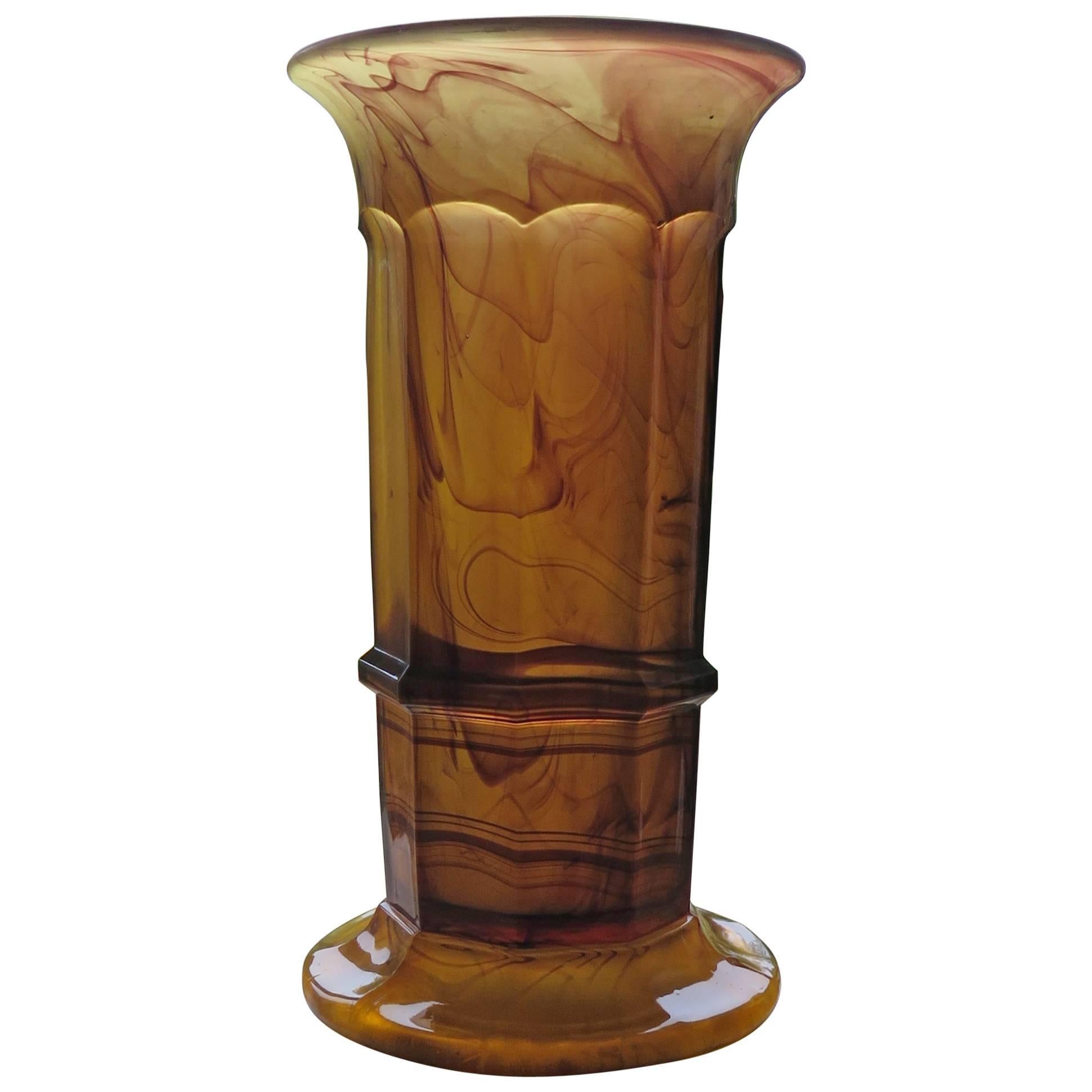 George Davidson, Cloud Glass Column Vase, Amber, Art Deco Period, circa 1930s