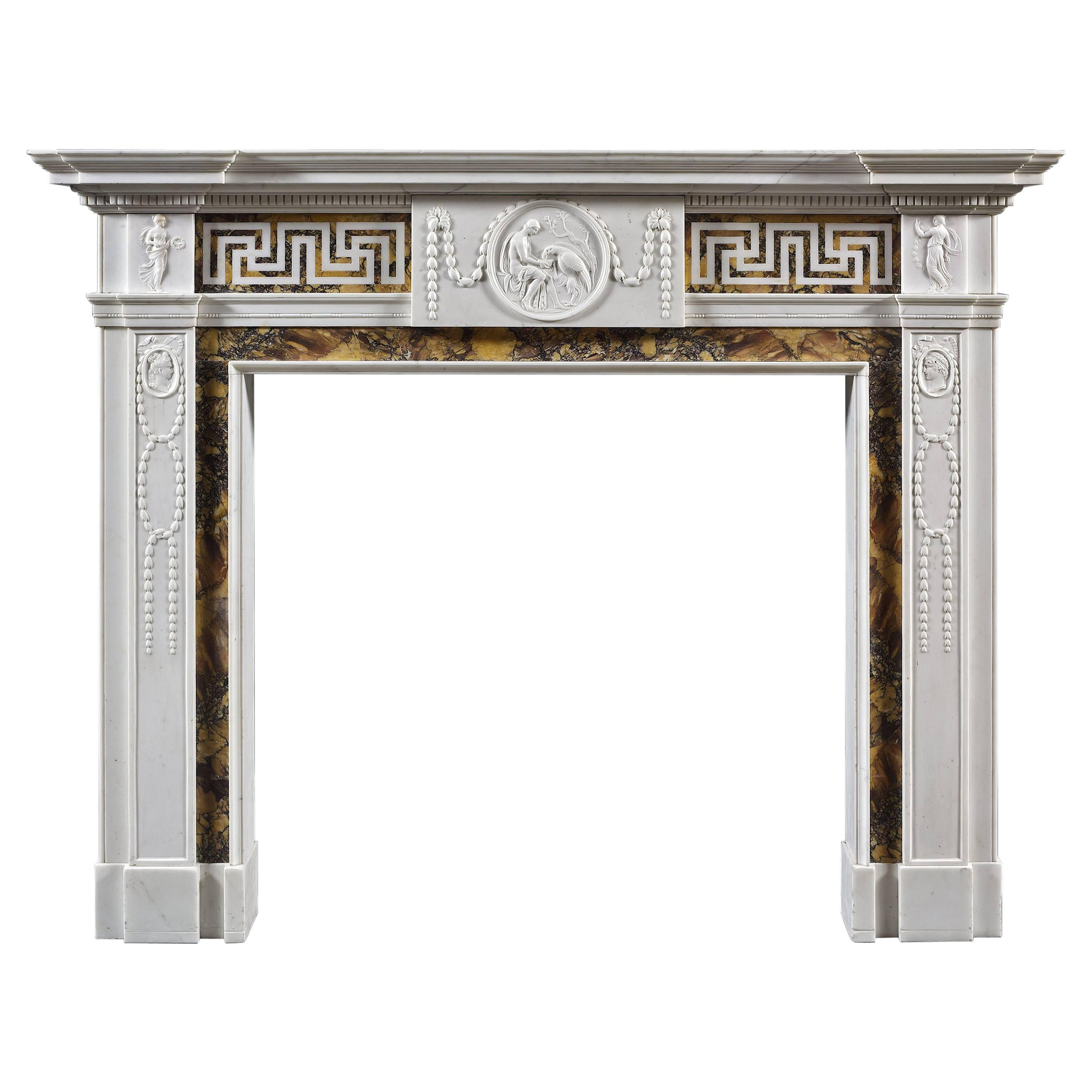 Antique George III Neoclassical Siena and White Marble Fireplace Mantel