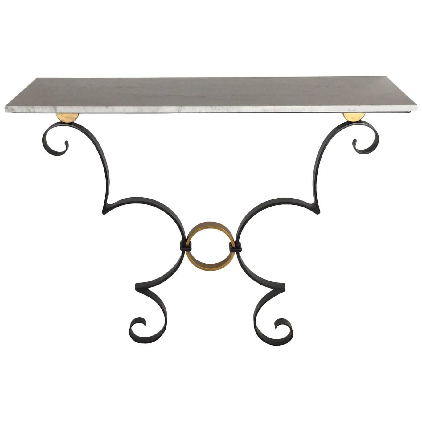 Handmade Iron Work Black and Gold Console Table with White Carrara Marble Top For Sale