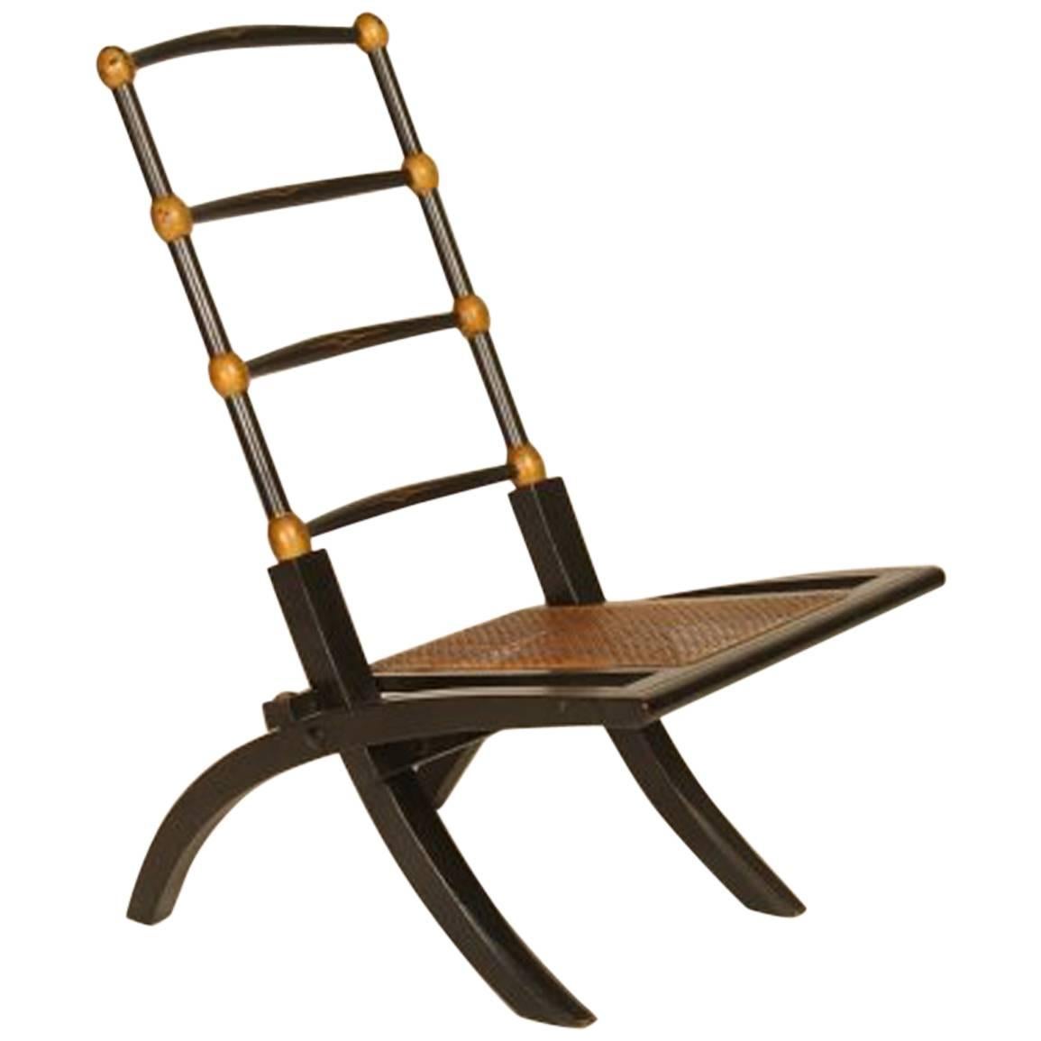 Ebonized Folding Chair with Cane Seat, Attributed to E W Godwin