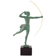 Scultura Art Deco francese di Diana, nuda con arco di Jean de Marco, 1930