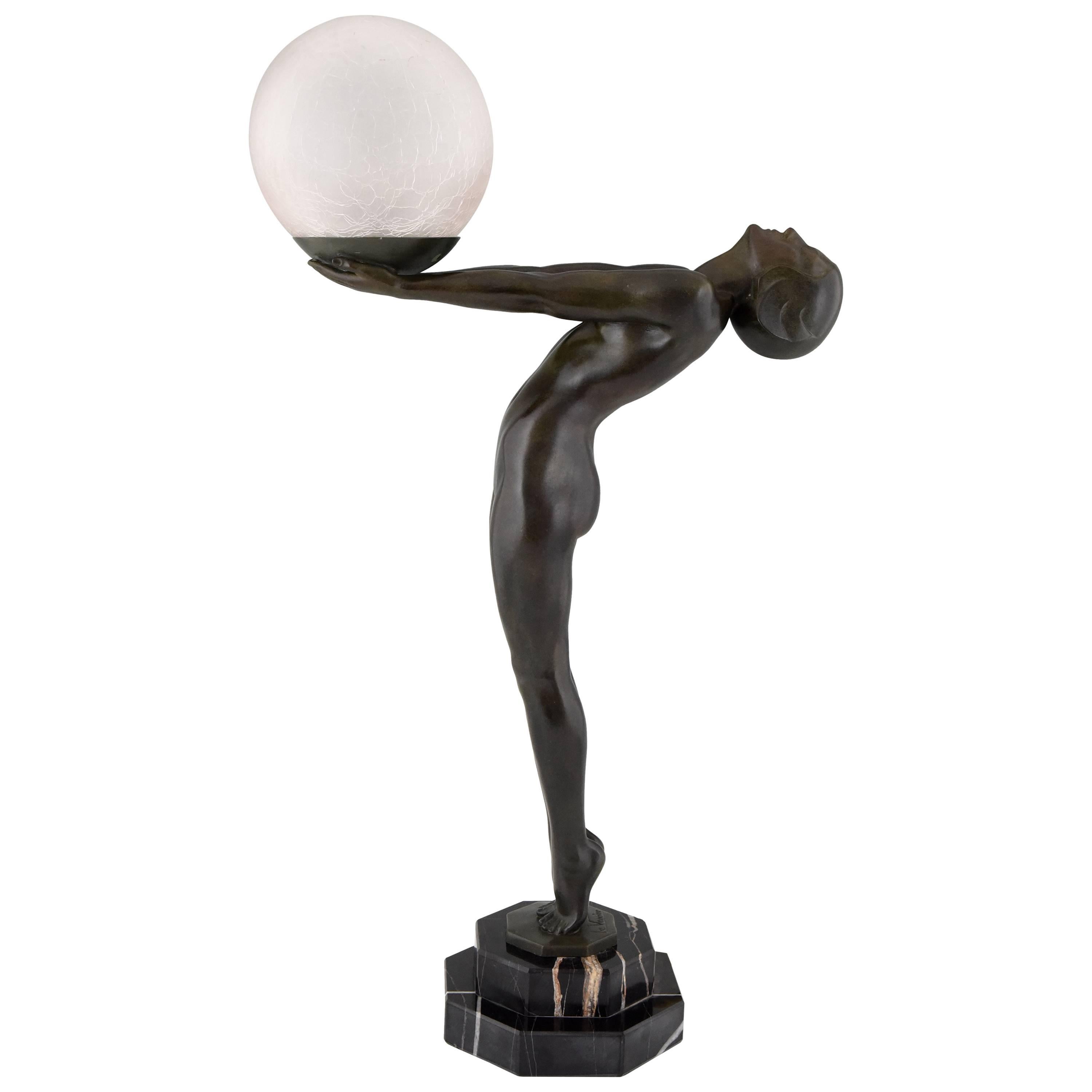 French Art Deco Lamp, Nude with Ball by Max Le Verrier, 1930