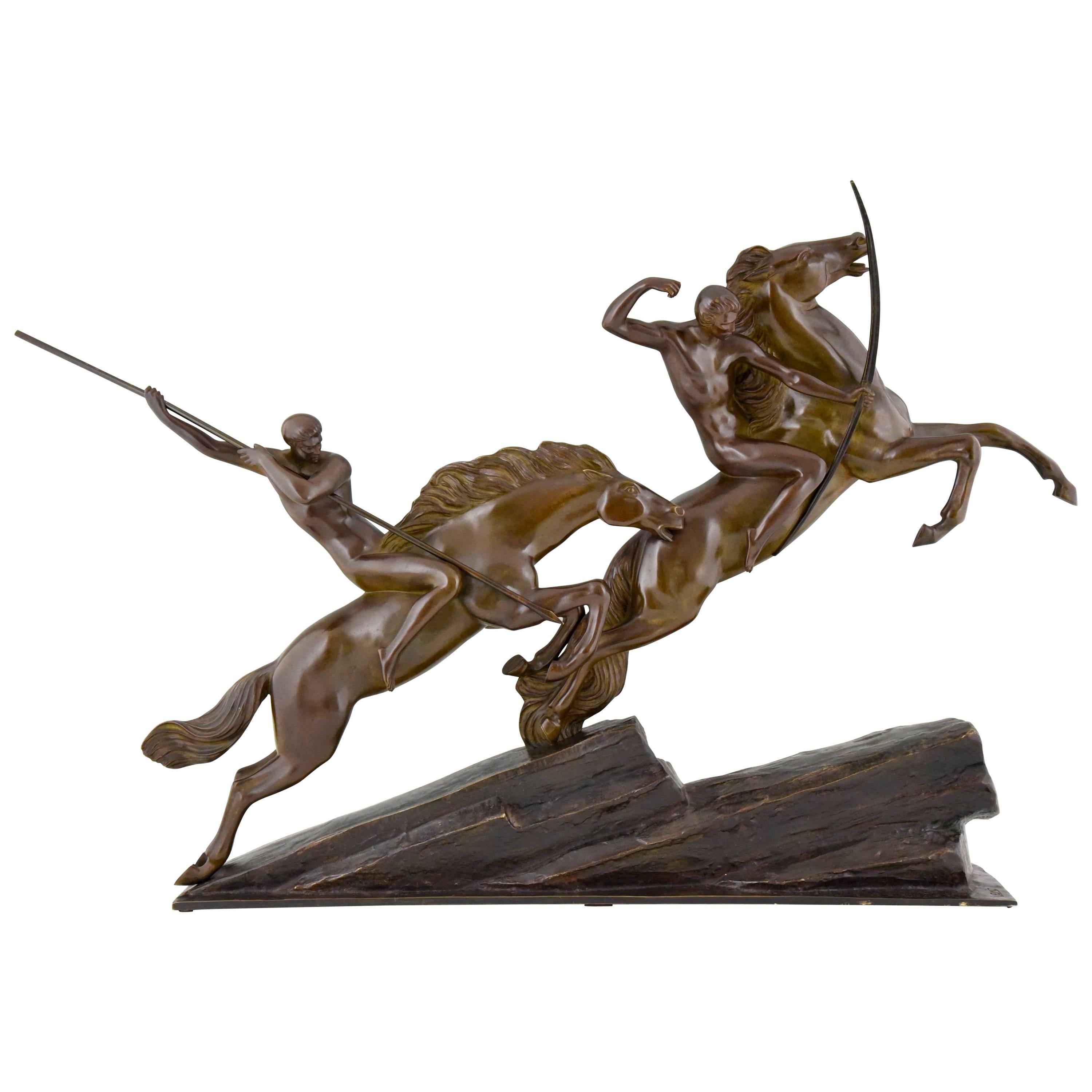 Large French Art Deco Bronze Group Archers on Horses by Armand Lemo, 1930