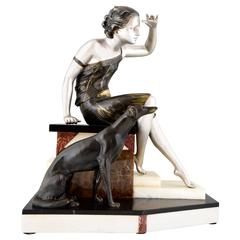 Vintage French Art Deco Sculpture Woman with Borzoi Dog by Uriano, 1930